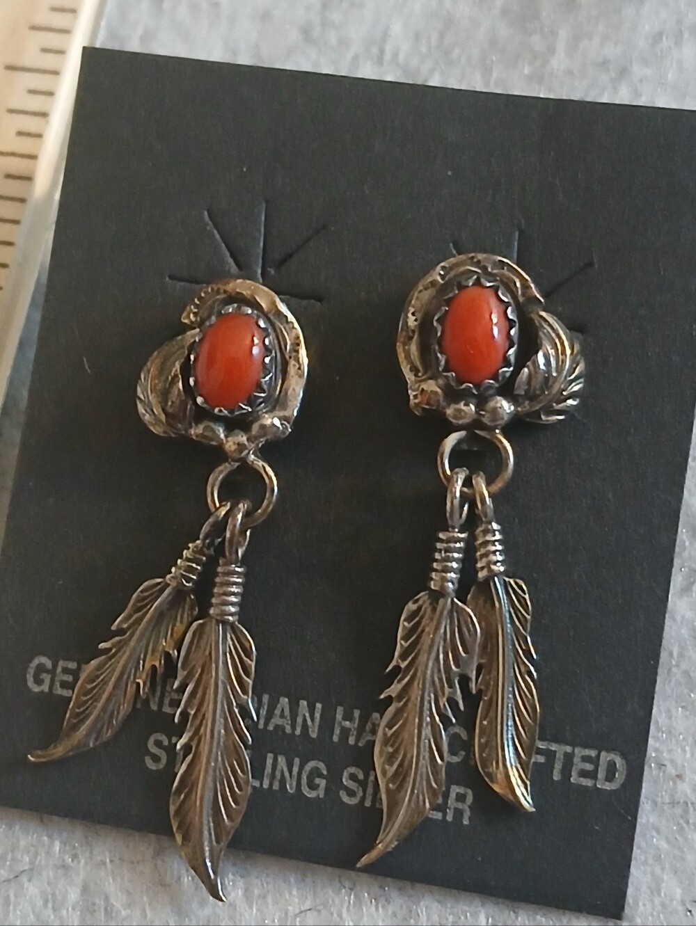Source Unknown Silver Feather Drop Earrings with Red Cabochons